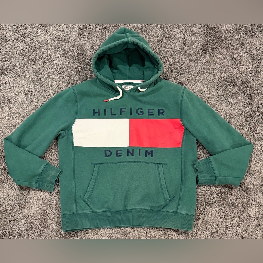 TOMMY HILFIGER Denim Brooks Print Logo Hoodie size L Mens